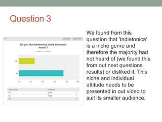 Question 3
We found from this
question that 'Indietonica'
is a niche genre and
therefore the majority had
not heard of (we found this
from out next questions
results) or disliked it. This
niche and individual
attitude needs to be
presented in out video to
suit its smaller audience.

 