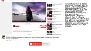 Ariana Grande is a dance-
pop artist that goes with my
genre. An example of her
videos is One Last Time
that has had 113,498,188
views and 7,437,862
subscribers showing that
this genre is very
mainstream. It doesn’t
show if they fit into my
demographic but I know that
this genre is mainstream for
the audience and must
attract a wide demographic
of both genders and age
groups.
 