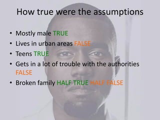 How true were the assumptions
• Mostly male TRUE
• Lives in urban areas FALSE
• Teens TRUE
• Gets in a lot of trouble with the authorities
FALSE
• Broken family HALF TRUE HALF FALSE
 