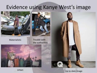 Evidence using Kanye West’s image
Trouble with
the authorities
Materialistic
Urban Up to date image
 