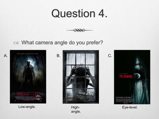 Question 4.
 What camera angle do you prefer?
Low-angle.
A. B.
High-
angle.
C.
Eye-level.
 