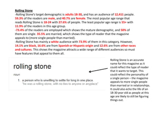 Rolling Stone
-Rolling Stone’s target demographic is adults 18-30, and has an audience of 12,411 people.
59.3% of the read...