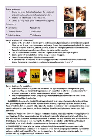 Target Audience for DramaFilms:
 Drama is the broadest of movies genres and includes subgenres such as romantic drama, sport
films, period drama, courtroom drama and crime. Drama films usually appeal to both the young
mature and older audience, of both genders, due to the strong script that all drama films offer.
 Appeals to those who are interested in mystery and problem solving.
 Due to the broadness of drama films, the target audience may vary by sub-genre.
 Drama generally aims to tell an honest story of human struggles.
 Drama films usually try to appeal more to emotions.
 A lot of the time drama films are made to appeal directly to the female audience. However,
drama films that are targeted at a male audience are known as a "guy cry."
Target Audience for short films:
 The kind of people that go and see short films are typically not youraverage movie going
audience, they are more into the genre as an art piece than as a form of entertainment. They
are more interested in what a piece means and what it is trying to say
 The audience for short films is completely different tothat of the mainstream films. These
people could be described as;
• SUCCEEDERS: People, who like to think they are in control, are powerful, successful and ambitious.
This group of people is mainly driven by their income wanting to get high up in the industry. If they
have already made it successfully into a powerful position then they would be the audience that could
decide to invest in a new director etc. from viewing a short film and bring more money into their
company.
• ASPIRERS: People who strive for a bigger and better lifestyle. These could be the young people who
may have just finished a degree at university and are in search for a job wanting tobreak it into the
film industry. With the drive from theirmotivation of a better life they would do a lot of research into
the industry themselves, in turn viewing the short films to get a better understanding. This could
possibly be to get inspiration for theirown amateur film making and get recognised.
• INDIVIDUALISTS: People who are loners, individualists, independent thinkers who want tobe
separate from the crowd this sectorof the audience could include the people who like to express their
opinions and views through film. They are the opposite of the mainstreamers who may be the
audience for big budget full length blockbuster films.
Drama as a genre:
 Drama is a genre that relies heavily on the emotional
and relational development of realistic characters.
 Themes are often based on real life issues.
 Drama is a very broad genre and has many subgenres.
Subgenres –
* Melodramas *Docudrama
* Crime/legal drama *Psychodrama
* Historical drama *Period drama
 