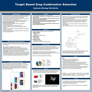 Target Based Drug Combination Selection Systems Biology Worldwide Combination Drug ,[object Object],[object Object],[object Object],[object Object],[object Object],[object Object],[object Object],[object Object],[object Object],[object Object],Methods to find potential Drug Combinations Searching Drug Combination Space Searching potential drugs among set of drugs (N) (binary/ternary combination) requires factorial design to consider all possible combinations ( N C 2  or  N C 3 ), however selection process can be optimized by using search algorithms. We have used statistic derived from various parallel analysis (Chemoinformatics analysis by Ontomine, Docking, Gene Expression Network Analysis...) as a deciding criteria to search potential drug/combination. Hypothesis ,[object Object],[object Object],[object Object],[object Object],[object Object],Analysis flow ,[object Object],[object Object],[object Object],[object Object],[object Object],[object Object],[object Object],[object Object],[object Object],[object Object],[object Object],Ontomine Analysis Gene Network Analysis Network analysis can reveal many important information about disease mechanism, and it's been used to select target genes for disease. Network can be generated based on gene/protein expression data. Network analysis algorithm focuses on finding small networks, which are easier to interpret and validate. It computes p-values for sub-networks, which helps us in identifying significant subnetworks. This analysis produced list of significant subnetworks. * Network is generated by borrowing information from protein-protein interaction, pathways database.  * Network could be generated from Gene expression and/or Protein expression data. Algorithm Comments ,[object Object],[object Object],[object Object],[object Object],[object Object],[object Object],[object Object],We have applied novel idea for selection of Drug Combination by integration of ideas from different fields like Chemoinformatics, Structural Informatics, Bioinformatics, and Microarray Data Analysis. Our analytical method was successful in detecting combination drug available in market. ,[object Object],[object Object],[object Object],[object Object],Docking Reverse Docking :  Potential binding proteins may be discovered by docking  a drug to repository of  drug target database.  Potential Drug Target Database (PDTD) is used for reverse docking. The objective of this method is to find drug targets. Forward Docking:  Docking is performed on few target proteins selected by analysis. The objective of this method is to estimate predicted Ki and understand binding behaviour of Drug. Ontomine transforms the structural information for chemically, biologically or pharmacologically related molecules to a hierarchical schema of functional groups. It discovers patterns in the related schema and predicts biological activity, Toxicity & Side-effect using rules inferred from analyzing the patterns. Target profiling in Ontomine is done by mining Drug Target and BioAssay KnowledgeBase for set of Drugs. Output of Ontomine analysis is set of target protein for particular drug along with confidence level of prediction. Ontomine is also used to generate ADME-Tox profile of drug. Int_score :  It is a summary statistic which combines result of various analysis (Ontomine/Docking/Network Analysis). It also considers target specificity, competitive binding, ADME-Tox profile for a given drug or combination Target proteins identified by Ontomine, Docking and Network Analysis are mapped on KEGG disease specific pathways, followed by enrichment analysis for mechanistic understanding of drug and/or drug combination action. Systems Biology Worldwide SBW © A B 