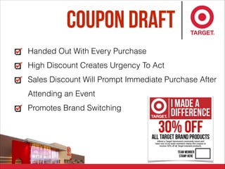 Coupon Draft
Handed Out With Every Purchase
High Discount Creates Urgency To Act
Sales Discount Will Prompt Immediate Purchase After
Attending an Event
Promotes Brand Switching
 