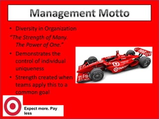Management MottoDiversity in Organization“The Strength of Many. The Power of One.”Demonstrates the control of individual uniqueness Strength created when teams apply this to a common goalExpect more. Pay less