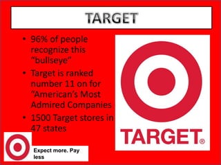 TARGET96% of people recognize this “bullseye”Target is ranked number 11 on for “American’s Most Admired Companies1500 Target stores in 47 statesExpect more. Pay less