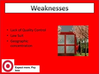 StrengthsBroad Range of ProductsMiddle Class Shopper & Younger Trendy CustomersBalanced Brand MixExpect more. Pay less