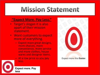  “Expect More. Pay Less.” Target’s slogan it is also apart of their mission statement. Want customers to expect more of everything. Expect more great designs, more choices, more convenience, more service and more clothes, house wares and designer items. At a low price so you pay less.Expect more. Pay lessMission Statement