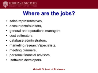 Where are the jobs?
•   sales representatives,
•   accountants/auditors,
•   general and operations managers,
•   cost estimators,
•   database administrators,
•   marketing research/specialists,
•   meeting planners,
•   personal financial advisors,
•    software developers.

                  Gabelli School of Business
 