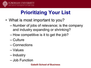 Prioritizing Your List
• What is most important to you?
  – Number of jobs of relevance; is the company
    and industry expanding or shrinking?
  – How competitive is it to get the job?
  – Culture
  – Connections
  – Values
  – Industry
  – Job Function
              Gabelli School of Business
 