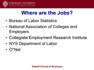 Where are the Jobs?
• Bureau of Labor Statistics
• National Association of Colleges and
  Employers
• Collegiate Employment Research Institute
• NYS Department of Labor
• O*Net


             Gabelli School of Business
 