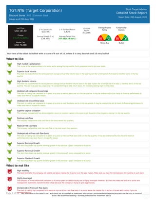 Page 1 of 10 Any information in this report is not , and should not be regarded as investment advice or as a recommendation regarding any particular security or course of
action. We recommend seeking a licensed professional for investment advice.
TGT:NYE (Target Corporation)
Discount Stores | NYE | Common Stock
Values as of 25th Aug, 2022
Stock Target Advisor
Detailed Stock Report
Report Date: 26th August, 2022
Last Close
USD 167.50
Change
+4.37(+2.68%)
Market Cap
USD 75.08B
1 Yr Capital Gain
-32.72%
1 Yr Dividend Return
1.52%
1 Yr Total
Return
-31.20%
Earning Growth (5 yr)
138.37%
Average Target Price
207.69(+24.00% )
Average Analyst
Rating
Strong Buy
Fundamental
Analysis
Bullish
Our view of the stock is Bullish with a score of 8 out of 10, where 0 is very bearish and 10 very bullish
What to like
High market capitalization
This is one of the largest entities in its sector and is among the top quartile. Such companies tend to be more stable.
Superior total returns
The stock has outperformed its sector peers on average annual total returns basis in the past 5 years (for a hold period of at least 12 months) and is in the top
quartile.
High dividend returns
The stock has outperformed its sector peers on average annual dividend returns basis in the past 5 years (for a hold period of at least 12 months) and is in the top
quartile. This can be a good buy, especially if it is outperforming on total return basis , for investors seeking high income yields.
Underpriced compared to earnings
The stock is trading low compared to its peers on a price to earning basis and is in the top quartile. It may be underpriced but do check its ﬁnancial performance to
make sure there is no speciﬁc reason.
Underpriced on cashﬂow basis
The stock is trading low compared to its peers on a price to cash ﬂow basis and is in the top quartile. It may be underpriced but do check its ﬁnancial performance to
make sure there is no speciﬁc reason.
Superior capital utilization
The company management has delivered better return on invested capital in the most recent 4 quarters than its peers, placing it in the top quartile.
Positive cash ﬂow
The company had positive total cash ﬂow in the most recent four quarters.
Positive free cash ﬂow
The company had positive total free cash ﬂow in the most recent four quarters.
Underpriced on free cash ﬂow basis
The stock is trading low compared to its peers on a price to free cash ﬂow basis and is in the top quartile. It may be underpriced but do check its ﬁnancial
performance to make sure there is no speciﬁc reason.
Superior Earnings Growth
This stock has shown top quartile earnings growth in the previous 5 years compared to its sector.
Superior Revenue Growth
This stock has shown top quartile revenue growth in the previous 5 years compared to its sector.
Superior Dividend Growth
This stock has shown top quartile dividend growth in the previous 5 years compared to its sector
What to not like
High volatility
The total returns for this company are volatile and above median for its sector over the past 5 years. Make sure you have the risk tolerance for investing in such stock.
Highly leveraged
The company is in the bottom half compared to its sector peers on debt to equity and is highly leveraged. However, do check the news and look at its sector and
management statements. Sometimes this is high because the company is trying to grow aggressively.
Overpriced on free cash ﬂow basis
The stock is trading high compared to its peers on a price to free cash ﬂow basis. It is priced above the median for its sectors. Proceed with caution if you are
considering to buy.
 