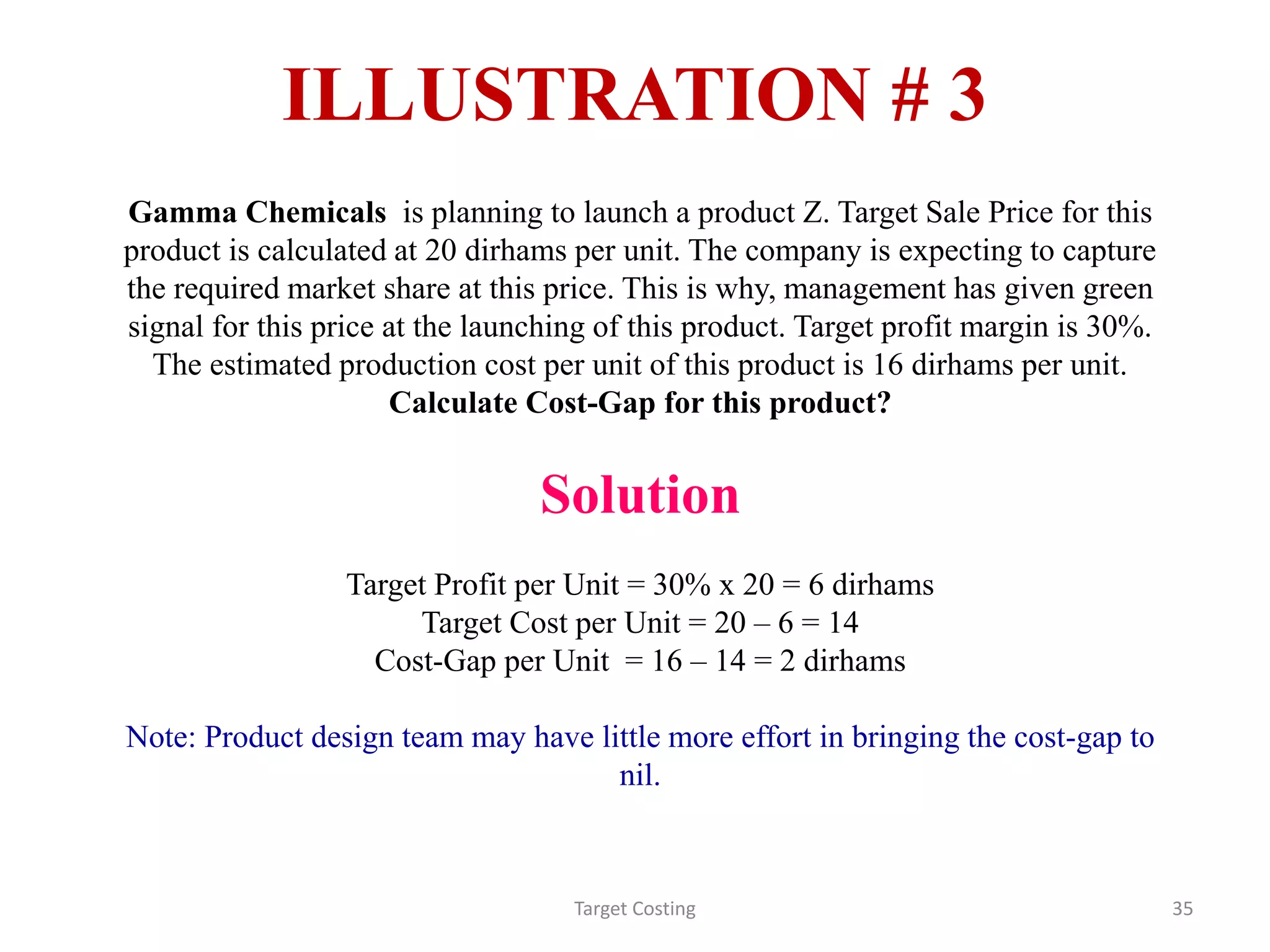 ILLUSTRATION # 3
Target Costing 35
Gamma Chemicals is planning to launch a product Z. Target Sale Price for this
product is calculated at 20 dirhams per unit. The company is expecting to capture
the required market share at this price. This is why, management has given green
signal for this price at the launching of this product. Target profit margin is 30%.
The estimated production cost per unit of this product is 16 dirhams per unit.
Calculate Cost-Gap for this product?
Solution
Target Profit per Unit = 30% x 20 = 6 dirhams
Target Cost per Unit = 20 – 6 = 14
Cost-Gap per Unit = 16 – 14 = 2 dirhams
Note: Product design team may have little more effort in bringing the cost-gap to
nil.
 