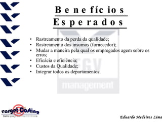 Benefícios Esperados   Rastreamento da perda da qualidade;  Rastreamento dos insumos (fornecedor);  Mudar a maneira pela qual os empregados agem sobre os erros; Eficácia e eficiência; Custos da Qualidade;  Integrar todos os departamentos.  