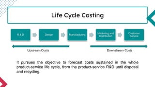 R & D Design Manufacturing
Marketing and
Distribution
Customer
Service
Upstream Costs Downstream Costs
It pursues the objective to forecast costs sustained in the whole
product-service life cycle, from the product-service R&D until disposal
and recycling.
Life Cycle Costing
 