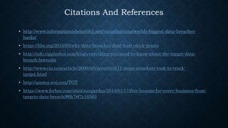 Citations And References
• http://www.informationisbeautiful.net/visualizations/worlds-biggest-data-breaches-
hacks/
• https://hbr.org/2015/03/why-data-breaches-dont-hurt-stock-prices
• http://info.rippleshot.com/blog/everything-you-need-to-know-about-the-target-data-
breach-lawsuits
• http://www.cio.com/article/2600345/security0/11-steps-attackers-took-to-crack-
target.html
• http://quotes.wsj.com/TGT
• https://www.forbes.com/sites/sungardas/2014/01/17/five-lessons-for-every-business-from-
targets-data-breach/#6b78f7c16563
 