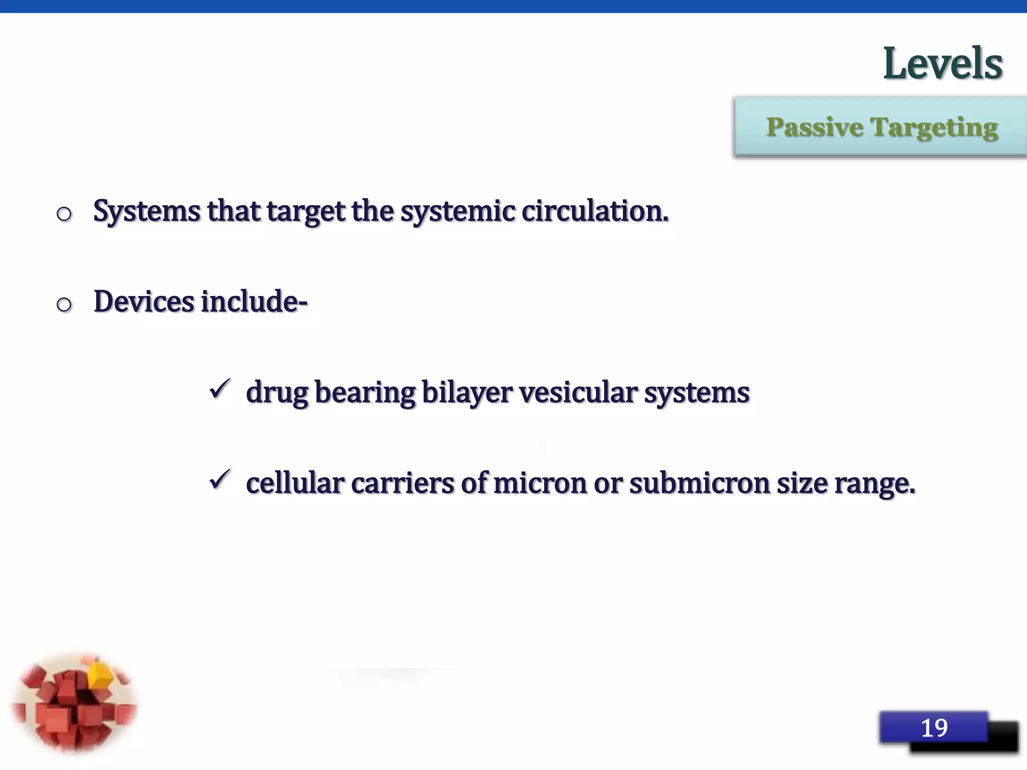 Page 29
Levels
o Systems that target the systemic circulation.
o Devices include-
 drug bearing bilayer vesicular systems
 cellular carriers of micron or submicron size range.
19
Passive Targeting
 