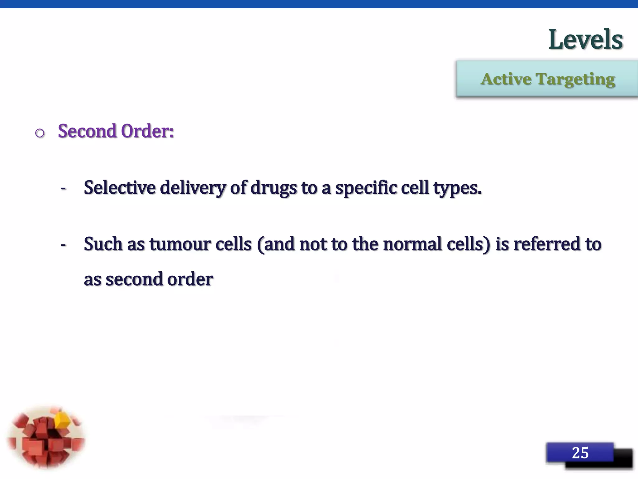 Page 35
Levels
o Second Order:
- Selective delivery of drugs to a specific cell types.
- Such as tumour cells (and not to the normal cells) is referred to
as second order
25
Active Targeting
 