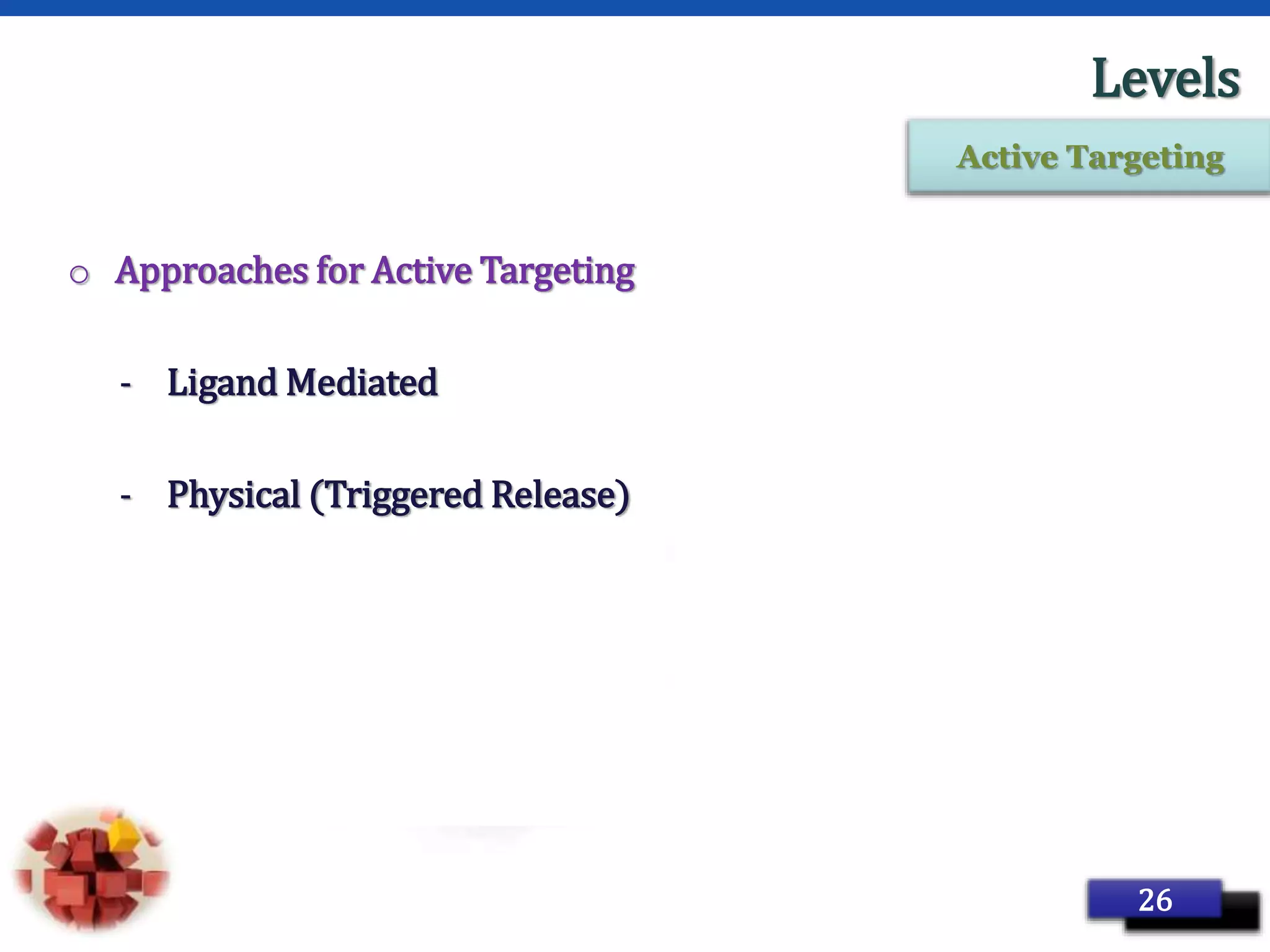 Page 36
Levels
o Approaches for Active Targeting
- Ligand Mediated
- Physical (Triggered Release)
26
Active Targeting
 