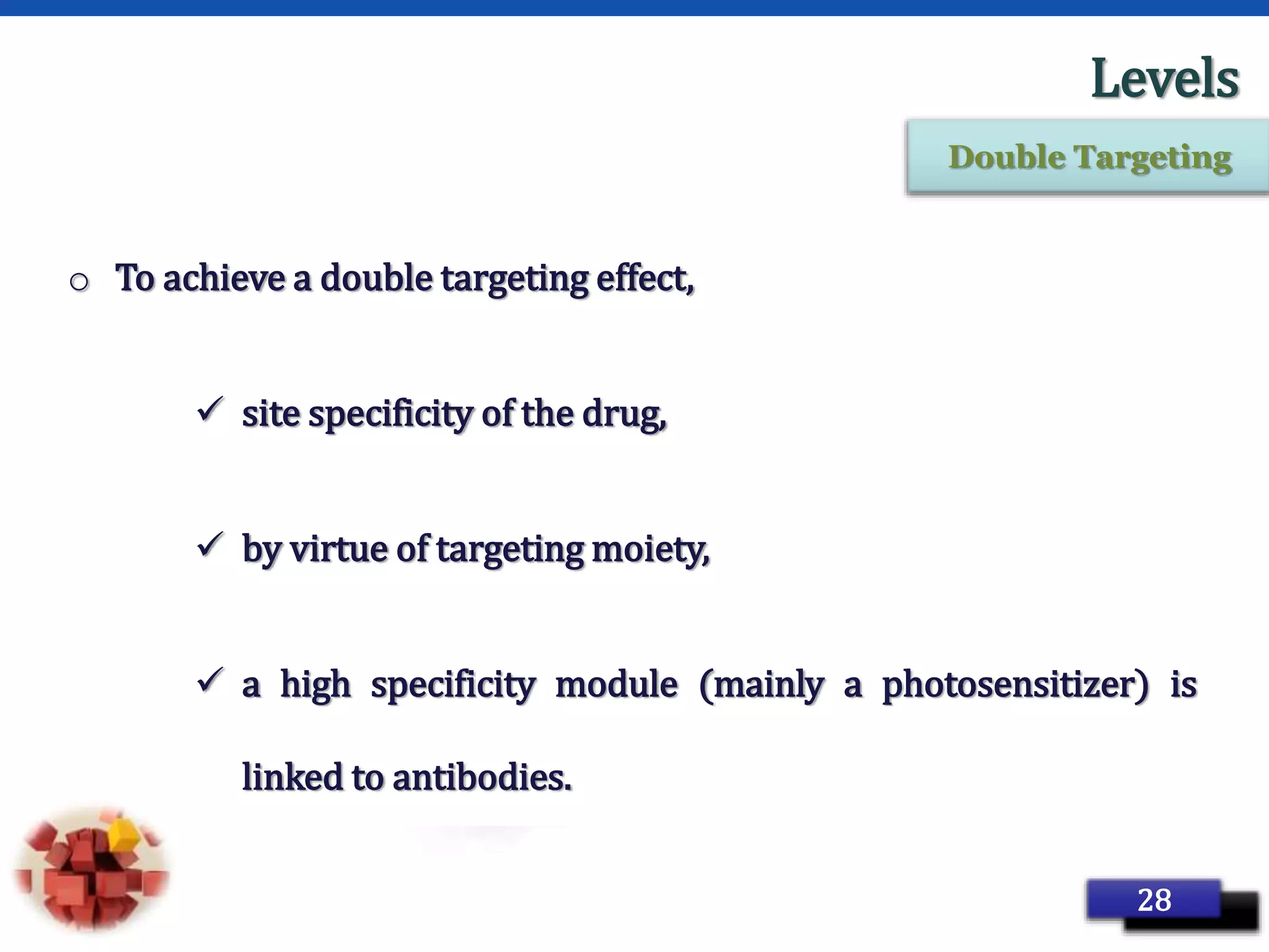 Page 38
Levels
o To achieve a double targeting effect,
 site specificity of the drug,
 by virtue of targeting moiety,
 a high specificity module (mainly a photosensitizer) is
linked to antibodies.
28
Double Targeting
 