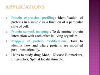 1. Protein expression profiling: identification of
proteins in a sample as a function of a particular
state of cell.
2. Protein network mapping : To determine protein
interaction with each other in living organism.
3. Mapping of protein modifications: Task to
identify how and where proteins are modified
post-translationally.
4. Helps to study drug MoA , Disease Biomarkers,
Epigenetics, Spatial localization etc.
 