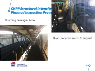 19
CHPP Structural Integrity
Planned Inspection Program
Guarding missing at brow
Guard impedes access to lanyard
 