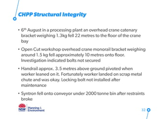 CHPP Structural Integrity
• 6th August in a processing plant an overhead crane catenary
bracket weighing 1.3kg fell 22 metres to the floor of the crane
bay
• Open Cut workshop overhead crane monorail bracket weighing
around 1.5 kg fell approximately 10 metres onto floor.
Investigation indicated bolts not secured
• Handrail approx. 3.5 metres above ground pivoted when
worker leaned on it. Fortunately worker landed on scrap metal
chute and was okay. Locking bolt not installed after
maintenance
• Syntron fell onto conveyor under 2000 tonne bin after restraints
broke
32
 