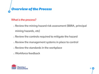 Overview of the Process
What is the process?
o Review the mining hazard risk assessment (BBRA, principal
mining hazards, etc)
o Review the controls required to mitigate the hazard
o Review the management systems in place to control
o Review the standards in the workplace
o Workforce feedback
4
 