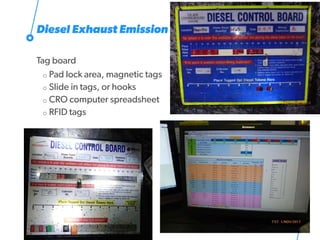 Diesel Exhaust Emission
Tag board
o Pad lock area, magnetic tags
o Slide in tags, or hooks
o CRO computer spreadsheet
o RFID tags
43
 