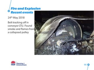 Fire and Explosion
Recent events
24th May 2018
Belt tracking off in
conveyor LTU. Found
smoke and flames from
a collapsed pulley
66
 