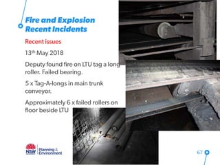 Fire and Explosion
Recent Incidents
Recent issues
13th May 2018
Deputy found fire on LTU tag a long
roller. Failed bearing.
5 x Tag-A-longs in main trunk
conveyor.
Approximately 6 x failed rollers on
floor beside LTU
67
 