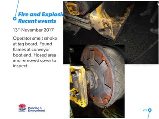 Fire and Explosion
Recent events
13th November 2017
Operator smelt smoke
at tag board. Found
flames at conveyor
boot end. Hosed area
and removed cover to
inspect.
70
 