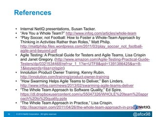 References 
• Internal NetIQ presentations, Susan Tacker. 
• “Are You a Whole Team?” http://www.infoq.com/articles/whole-team 
• “Play Soccer, not Football: How to Foster a Whole-Team Approach by 
Thinking in Activities Rather than Roles,” Matt Philip. 
http://mattphilip.files.wordpress.com/2011/03/play_soccer_not_football-agile- 
and-beyond.pdf 
• Agile Testing: A Practical Guide for Testers and Agile Teams, Lisa Crispin 
and Janet Gregory. (http://www.amazon.com/Agile-Testing-Practical-Guide- 
Testers/dp/0321534468/ref=sr_1_1?ie=UTF8&qid=1391386425&sr=8- 
1&keywords=lisa+crispin) 
• Innolution Product Owner Training, Kenny Rubin. 
http://innolution.com/training/product-owner-training 
• “How Swarming Helps Agile Teams to Deliver,” Ben Linders. 
http://www.infoq.com/news/2013/02/swarming-agile-teams-deliver 
• “The Whole Team Approach to Software Quality,” Ed Spire. 
https://dl.dropboxusercontent.com/u/55047326/WHOLE%20team%20appr 
oach%20to%20quality.pptx 
• “The Whole Team Approach in Practice,” Lisa Crispin. 
http://lisacrispin.com/2011/04/26/the-whole-team-approach-in-practice/ 
© 2014 NetIQ Corporation. 12 All rights reserved. @afox98 
