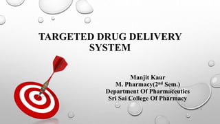 TARGETED DRUG DELIVERY
SYSTEM
Manjit Kaur
M. Pharmacy(2nd Sem.)
Department Of Pharmaceutics
Sri Sai College Of Pharmacy
1
 