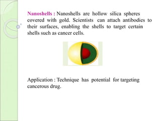 Nanoshells : Nanoshells are hollow silica spheres 
covered with gold. Scientists can attach antibodies to 
their surfaces, enabling the shells to target certain 
shells such as cancer cells. 
Application : Technique has potential for targeting 
cancerous drug. 
 
