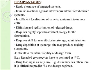 DISADVANTAGES : 
• Rapid clearance of targeted systems. 
• Immune reactions against intravenous administered carrier 
systems. 
• Insufficient localization of targeted systems into tumour 
cells. 
• Diffusion and redistribution of released drugs. 
• Requires highly sophisticated technology for the 
formulation. 
• Requires skill for manufacturing storage, administration. 
• Drug deposition at the target site may produce toxicity 
symptoms. 
•Difficult to maintain stability of dosage form. 
E.g.: Resealed erythrocytes have to be stored at 40 C. 
• Drug loading is usually law. E.g. As in micelles. Therefore 
it is difficult to predict /fix the dosage regimen. 
 