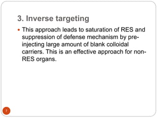 3. Inverse targeting
 This approach leads to saturation of RES and
suppression of defense mechanism by pre-
injecting large amount of blank colloidal
carriers. This is an effective approach for non-
RES organs.
7
 
