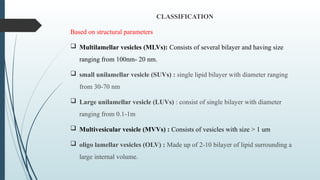 CLASSIFICATION
Based on structural parameters
 Multilamellar vesicles (MLVs): Consists of several bilayer and having size
ranging from 100nm- 20 nm.
 small unilamellar vesicle (SUVs) : single lipid bilayer with diameter ranging
from 30-70 nm
 Large unilamellar vesicle (LUVs) : consist of single bilayer with diameter
ranging from 0.1-1m
 Multivesicular vesicle (MVVs) : Consists of vesicles with size > 1 um
 oligo lamellar vesicles (OLV) : Made up of 2-10 bilayer of lipid surrounding a
large internal volume.
 