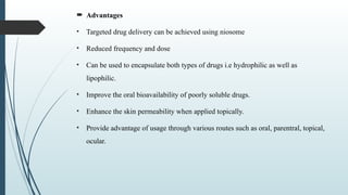  Advantages
• Targeted drug delivery can be achieved using niosome
• Reduced frequency and dose
• Can be used to encapsulate both types of drugs i.e hydrophilic as well as
lipophilic.
• Improve the oral bioavailability of poorly soluble drugs.
• Enhance the skin permeability when applied topically.
• Provide advantage of usage through various routes such as oral, parentral, topical,
ocular.
 