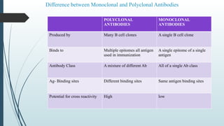 Difference between Monoclonal and Polyclonal Antibodies
POLYCLONAL
ANTIBODIES
MONOCLONAL
ANTIBODIES
Produced by Many B cell clones A single B cell clone
Binds to Multiple epitomes all antigen
used in immunization
A single epitome of a single
antigen
Antibody Class A mixture of different Ab All of a single Ab class
Ag- Binding sites Different binding sites Same antigen binding sites
Potential for cross reactivity High low
 