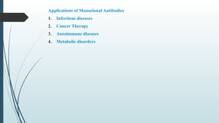 Applications of Monoclonal Antibodies
1. Infectious diseases
2. Cancer Therapy
3. Autoimmune diseases
4. Metabolic disorders
 