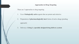 Approaches to Drug Targeting
There are 3 approaches to drug targeting
1. Use of biologically active agents that are potent and selective
2. Preparation of pharmacologically inert forms of active drugs (prodrug
approach)
3. Delivery of drug by specially designed drug delivery system
 