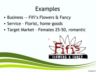 Examples
• Business –- Fifi’s Flowers & Fancy
• Service – Florist, home goods
• Target Market – Females 25-50, romantic
 