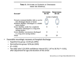 • Favorable neurologic recovery at hospital discharge
    –   Hypothermia group: 21/43 pts (49%)
    –   Normothermia group: 9/34 pts (26%)
    –   (P = 0.05)
    –   The odds ratio 5.25 (95% confidence interval [CI], 1.47 to 18.76; P = 0.01),
        after adjustment for age and duration of the arrest

                                                             Bernard SA, et al. N Engl J Med 2002;346:557-63.
 