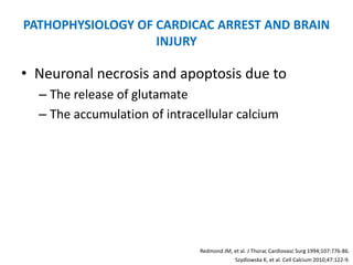 PATHOPHYSIOLOGY OF CARDICAC ARREST AND BRAIN
                   INJURY

• Neuronal necrosis and apoptosis due to
  – The release of glutamate
  – The accumulation of intracellular calcium




                              Redmond JM, et al. J Thorac Cardiovasc Surg 1994;107:776-86.
                                            Szydlowska K, et al. Cell Calcium 2010;47:122-9.
 