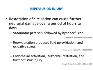 REPERFUSION INJURY

• Restoration of circulation can cause further
  neuronal damage over a period of hours to
  days
  – Vasomotor paralysis, followed by hypoperfusion
                                           Sterz F, et al. Resuscitation 1992;24:27-47.


  – Reoxygenation produces lipid peroxidation and
    oxidative stress
                                       Ernster L, et al. Crit Care Med 1988;16:947-53.



  – Endothelial activation, leukocyte infiltration, and
    further tissue injury
                                       Wong CHY, et al. Curr Med Chem 2008;15:1-14.
 