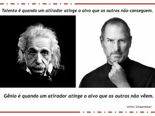 Talento é quando um atirador atinge o alvo que os outros não conseguem.




 Gênio é quando um atirador atinge o alvo que os outros não vêem.

                                                          Arthur Schopenhauer
 