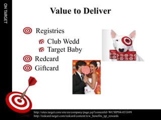 ON TARGET

                       Value to Deliver

            Registries
                Club Wedd
                Target Baby
            Redcard
            Giftcard




            http://sites.target.com/site/en/company/page.jsp?contentId=WCMP04-031699
            http://redcard.target.com/redcard/content/rcw_benefits_tgt_rewards
 