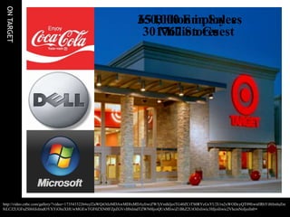 ON TARGET

                                                                 350,000 Employees
                                                                 65 Billion in Sales
                                                                  301767 Stores
                                                                     Million Guest




http://video.cnbc.com/gallery/?video=1735433226#eyJ2aWQiOiIzMDAwMDIxMDAyIiwiZW5jVmlkIjoiTG40ZCtTS0RYcGxYU2Ura2xWODcyQT09IiwidlRhYiI6ImluZm
8iLCJ2UGFnZSI6IiIsImdOYXYiOlsiXHUwMGEwTGF0ZXN0IFZpZGVvIl0sImdTZWN0IjoiQUxMIiwiZ1BhZ2UiOiIxIiwic3ltIjoiIiwic2VhcmNoIjoiIn0=
 